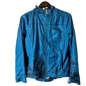 Orb Women’s Teal Blue Hooded Zip-Up Rain Jacket Graphic Print Sz Medium